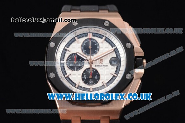 Audemars Piguet Royal Oak Offshore Chrono Miyota OS Quartz Rose Gold Case with White Dial Black Rubber Strap and Black Subdials (EF) - Click Image to Close